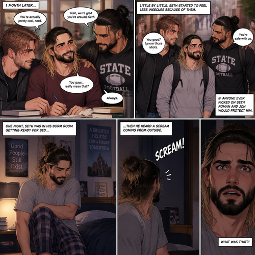 (Recap) Seth Rollins (College student) was at a history class,Then two students came in late,Roman Reigns (College Football Player) and Jon Moxley (bad boy) a.k.a the power couple,Seth thought about approaching them but his insecurity won’t let him,He thought they wouldn’t want be be around someone who was as ugly as him,He focused,Then Roman and Jon sat at two empty desks on each side of Seth,Seth was surprised,They said hello and flirted with him,Seth blushed. (And now part 2). 1 month had passed,Jon and Roman started hanging out with Seth a lot,Little by little Seth started to feel less insecure because of them. If anyone ever picked on Seth Roman and Jon would protect him. One night Seth was in his dorm room getting ready for bed…then he heard a scream coming from outside
