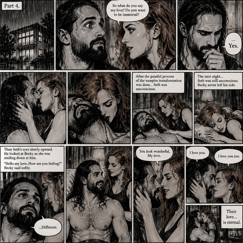 Part 4.Still in Seth Rollins’s house,Still raining outside.Seth Rollins and Becky lynch are in Seth’s room,Seth’s eyes were widened and his breath hitched a little after Becky offered him immortality. “So what do you say my love? Do you want to be immortal?” Asked Becky.Seth thought about for a bit…Then he made his decision. “Yes” Seth said softly.Becky smiled and gently kissed him.She then leaned towards Seth’s neck.After the painful process of the vampire transformation was done Seth was unconscious.The next night Seth was still unconscious,Becky never left his side.Then Seth’s eyes slowly opened,He looked at Becky as she was smiling down at him.She gently stroked his head. “Hello my love..How are you feeling?” Becky said softly. “…Different” Seth said softly.Seth slowly sat up,Becky stayed close by incase he fell over.He smiled at her,His fangs showing.She smiled and gently put her hand on his cheek. “You look wonderful,My love” Said Becky.Seth Gently placed his hand on Becky’s cheek.They leaned towards each other. “I love you” Seth said Softly “I love you too” Becky said softly.They kissed softly.Their love…is eternal