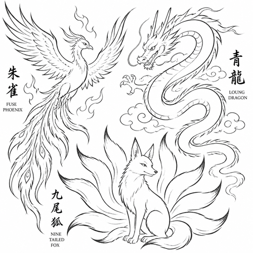 Fuse Phoenix, loung dragon and nine tailed fox. Make it able to trace with a pencil 