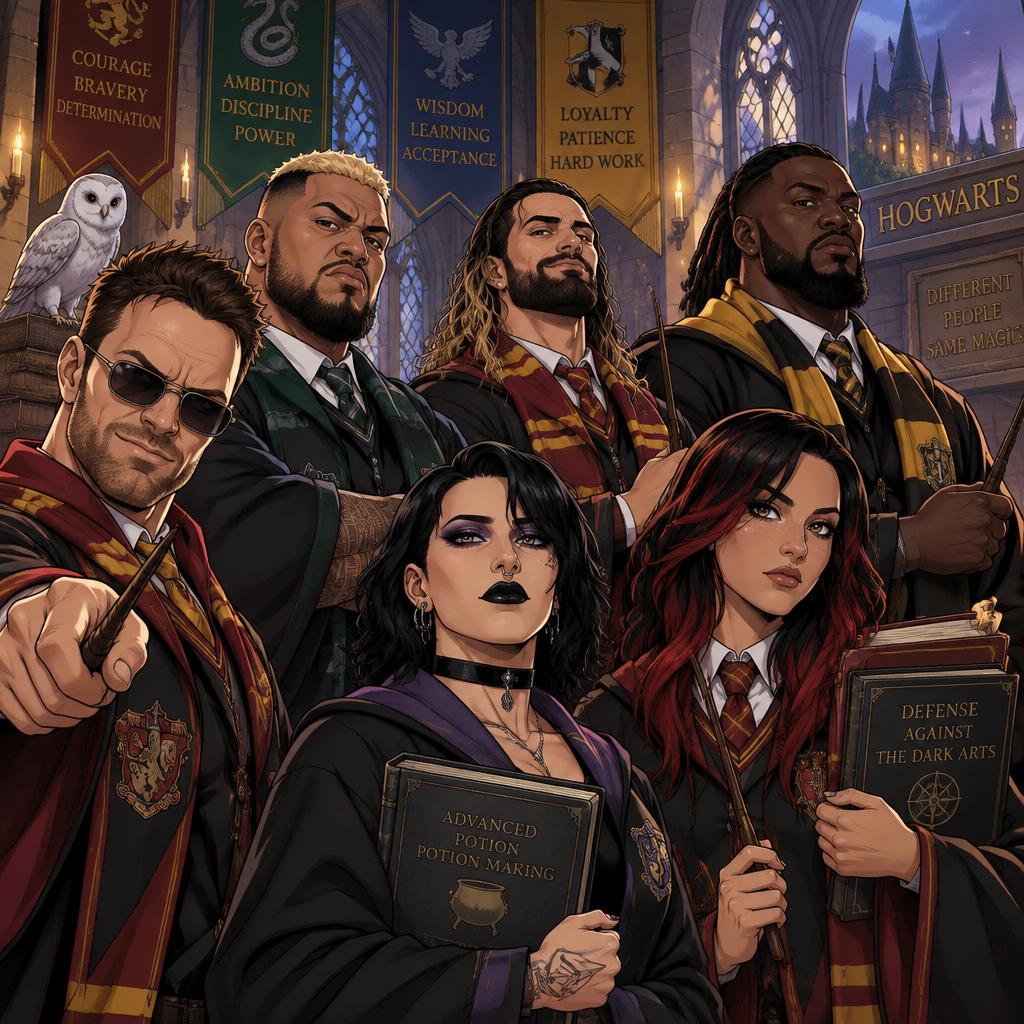 LA Knight,Solo Sikoa,Seth Rollins,Oba Femi,Rhea Ripley and Ari Stone (My wrestler oc) in Harry Potter