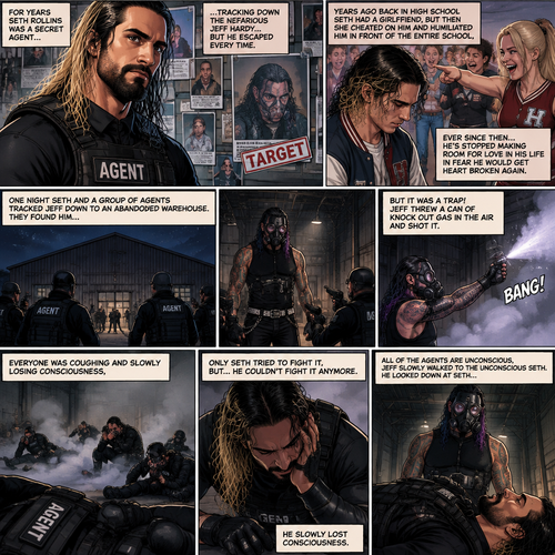 Seth Rollins is a secret agent,For years he was tracking down the nefarious Jeff Hardy…But he escaped every time. Years ago back in high school Seth had a girlfriend,But then she cheated on him and humiliated him In front of the entire school,Ever since then…He’s stopped making room for love in his life in fear he would get heart broken again. One night Seth and a group of agents tracked Jeff down to an abandoned warehouse.they found him…he’s wearing a gas mask. Seth slowly realizes…it was a trap,But before anyone could do anything Jeff threw a can of knock out gas in the air and shot it. Everyone was coughing and slowly losing consciousness,Only Seth tried to fight it,But…He couldn’t fight it anymore,He slowly lost consciousness. All of the agents are unconscious,Jeff slowly walked to the unconscious Seth.He looked down at Seth