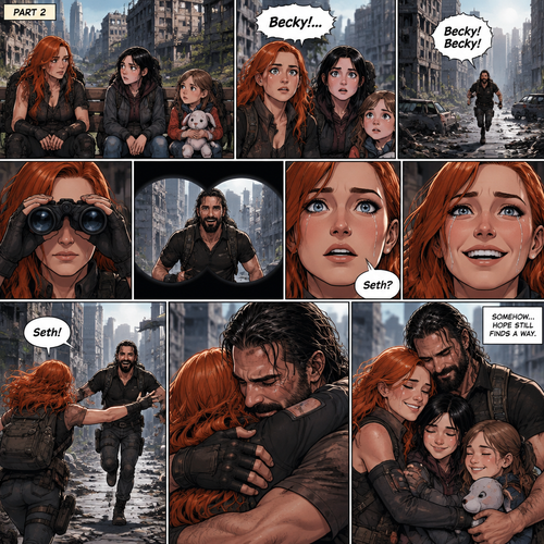 (Recap)It’s a zombie apocalypse,It’s been that way for 6 years,Becky lynch is surviving with two people,A teenager named Raven and a little girl named Sophie,They used to be part of a group…but they got wiped out by Bandits and Zombies,Becky,Raven and Sophie were the only ones that managed to escape.m,They’re currently walking in the city,They sat down on a bench to take a break,They were silent for a while,Then Becky started to cry,Raven and Sophie were concerned,Becky felt like nothing she did was good enough and that she couldn’t save anyone even the man she loved,Raven and Sophie were sad to see Becky like this,They reassured her,Becky smiled softly,They all hug each other. (And now part 2). Becky,Raven and Sophie were still sitting on the bench. Then…they heard a faint voice calling Becky’s name. They looked…and see a figure running towards them and calling Becky’s name in the distance. Becky grabbed her binoculars to see who it is. She couldn’t believe it…it was…The man she loved…the one who she thought she lost…Seth Rollins. Becky lowered her binoculars,her eyes widened in shock. “Seth?” Becky asked. Becky smiled and tears of joy rolled down her face. She ran towards him calling his name. They got to each other and hugged each other and cried tears of joy