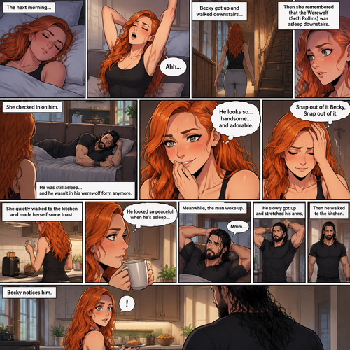 (Part 3 of the werewolf x human story) The next morning,Becky Lynch was asleep in her bed. Then she woke up. She got up and stretched her arms. She walked downstairs…then she remembered that the Werewolf (Seth Rollins) was asleep downstairs. She checked in on him. He was still asleep…and he wasn’t in his werewolf form anymore. She couldn’t help but look at him…and blush. “He looks so…handsome…and adorable” Becky said to herself. Then she shook her head. “Snap out of it Becky,Snap out of it” Becky said to herself. She quietly walked to the kitchen and made herself some toast. She couldn’t help but think about how peaceful he looked when he’s asleep. Meanwhile,The man woke up. He slowly gets up and stretched his arms,Then he walks to the kitchen. Becky notices him