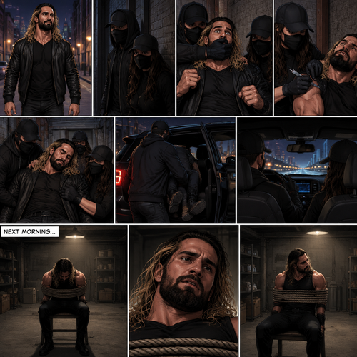 Seth Rollins was walking alone at night,Then…as he walked past an alley…A man and a woman in masks grabbed him.They dragged him to the alleyway,Seth struggled.The masked man covered Seth’s mouth before he could call for help.Seeing that Seth was still struggling The masked woman injected a sedative into his body,despite his best efforts to resist it Seth slowly drifted in unconsciousness.The masked man then carried Seth to his car with the masked Woman following behind,They got in and drove away.The next morning Seth Slowly regained consciousness,He was in a basement tied to a chair