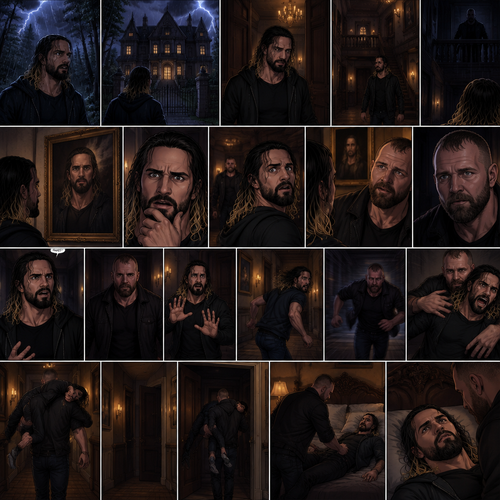 It was a dark and stormy night.Seth Rollins was lost in the woods,Then he found an abandoned mansion up ahead.Having no other options he went inside.He sighed heavily.He decided to look around,Little did he know…Someone was watching him in the darkness.He kept looking around,Then he noticed a painting of a man on the wall,He couldn’t help but notice…that the man in the painting…looked just like…him. “Why does he look just like…me?” Seth asked himself.Then…He heard the floor creak behind him,He turned around,A man (Jon Moxley) was standing right there.The man Looked at the painting and then he looked at Seth…..as if he….recognized him. “It’s you…You came back to me” The man said softly to Seth.Seth was confused. “Do I know you?” Seth asked.The man didn’t say anything else,He just simply walked slowly towards Seth.Seth got nervous and walked backwards slowly. “Wh-What are you doing?” Asked Seth. “G-Get back!” Said Seth.He then turned around and ran.The man then used some sort of super speed to catch up to Seth and grabbed him. “What the-?” Asked Seth. He struggled. “LET ME GO!!” Seth shouted.The man simply put Seth over his shoulder and walked to the staircase,Seth kept struggling…but it was no use.The man walked down the hallway,He opened a door,It was a bedroom,He walked to the bed and gently put Seth on it