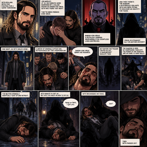 Seth Rollins is a detective. He and Jon Moxley had been friends for years. When Jon was 18 years old His parents were murdered by a villain known as Baron Von Virus. Seth (who was also 18 at the time) comforted him that night. Ever since then Seth dedicated himself to stopping criminals like Baron Von virus and protecting the innocent. He was also trying to figure out the identity of a mysterious Vigilante known as the shadow. One night he walking down the sidewalk,Then a group of bad people attacked him. He tried to fight back but they overpowered him. They beat him up,Then they hold him down. One of them points a gun at his head and says “Baron von virus sends his regards”. He was about to pull the trigger…but then a shadow myst engulfed him. The shadow is here. They let Seth go and try to attack the shadow but he overpowered them with the power of the shadows and his hand to hand combat skills. Seth wanted to get up but he was too much in pain to do so. The bad guys eventually give up and retreat. The shadow ran towards Seth. He gently rested Seth’s head on his shoulder and gently lifted him in his arms. He started walking. “Hang on Seth,I got you” The shadow said softly. Seth recognized his voice. “Jon?” Seth asked weakly. Then he passed out