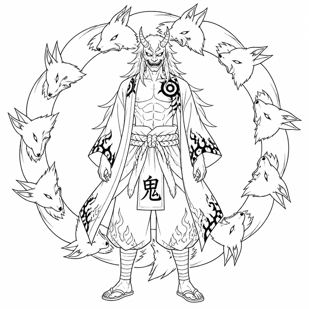 Oni Nine tailed fox oni circle behind him made of fox heads and tails. Full body easy level to trace