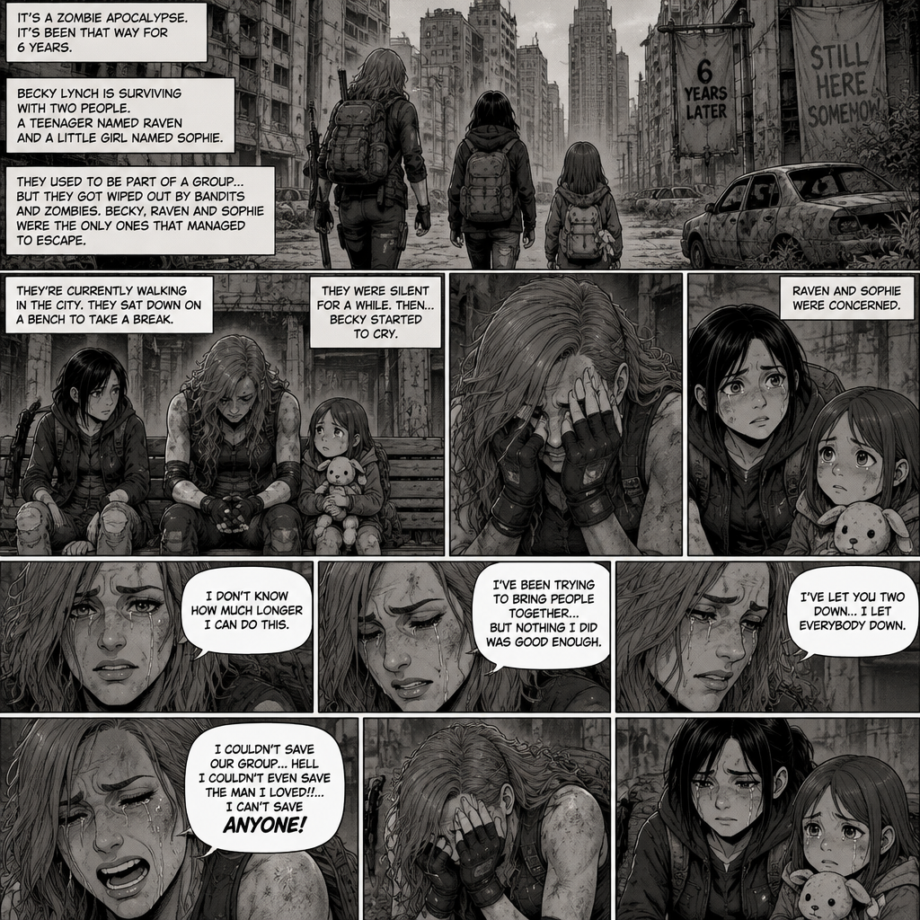 It’s a zombie apocalypse,It’s been that way for 6 years,Becky lynch is surviving with two people,A teenager named Raven and a little girl named Sophie. They used to be part of a group…but they got wiped out by Bandits and Zombies,Becky,Raven and Sophie were the only ones that managed to escape. They’re currently walking in the city. They sat down on a bench to take a break. They were silent for a while. Then…Becky started to cry. Raven and Sophie were concerned. “I don’t know how much longer I can do this” Said Becky. “I’ve been trying to bring people together…but nothing I did was good enough” Becky continued. “I’ve let you two down…I let everybody down” Becky continued. “I couldn’t save our group…hell i couldn’t even save the man I loved!!…I can’t save anyone!” Becky continued. Becky continued to cry. Raven and Sophie were sad to see Becky like this