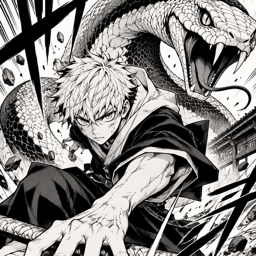 Boy white a snake behind him 