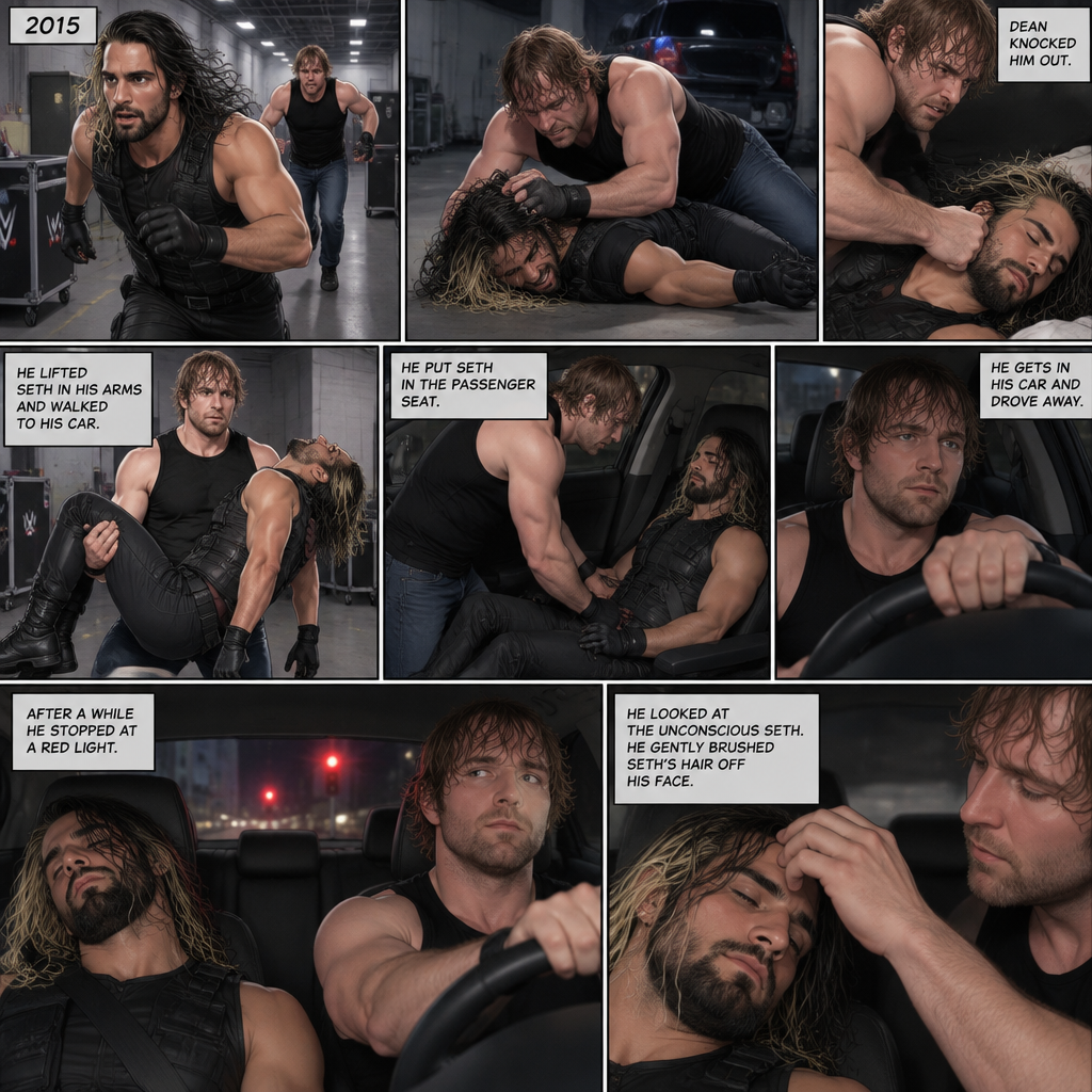 It’s the year 2015,Seth Rollins was being chased backstage by Dean Ambrose. Seth was running to his car,but before he could get there Dean tackled him. Seth struggled. Dean knocked him out. He lifted Seth in his arms and walked to his car. He put Seth in the passenger seat. He gets in his car and drove away. After a while he stopped at a red light. He looked at the unconscious Seth. He gently brushed Seth’s hair off his face