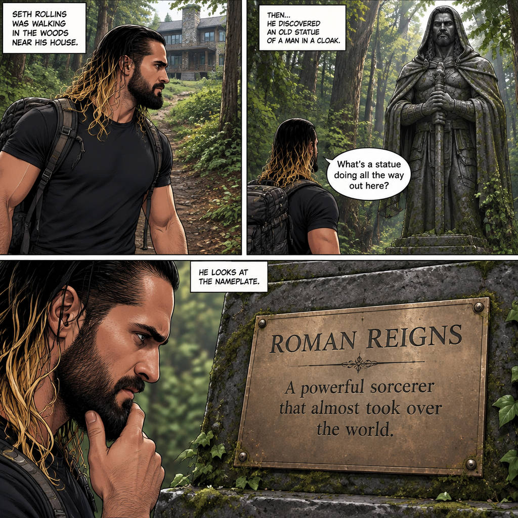 Seth Rollins was walking in the woods near his house,Then…he discovered an old statue Of a man in a cloak (Roman Reigns). “What’s a statue doing all the way out here?” Seth asked himself. He looks at the nameplate “Roman Reigns,A powerful sorcerer that almost took over the world”