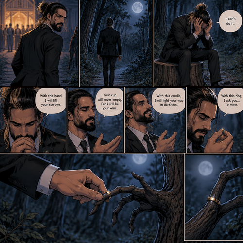 (Part 1 of the corpse bride,Seth x Becky style). Seth Rollins was walking in the woods alone at night after running away from a wedding rehearsal. After a while He sat at a tree stump,he puts his head in his hands. “I can’t do it” Seth said to himself. He took a deep breath. He began practicing his vows,”With this hand,I will lift your sorrows,Your cup will never empty,For I will be your wine,With this candle,I will light your way in darkness,With this ring,I ask you…To mine”. He puts the wedding ring on a tree branch that suspiciously looks like a ring finger