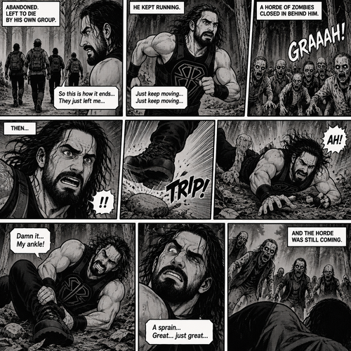We’re in the woods during a zombie apocalypse,Someone was running…and that someone…was Seth Rollins. He was running from a horde of zombies after being abandoned and left to die by his own group. He kept running,Then…He tripped on a rock and sprained his ankle