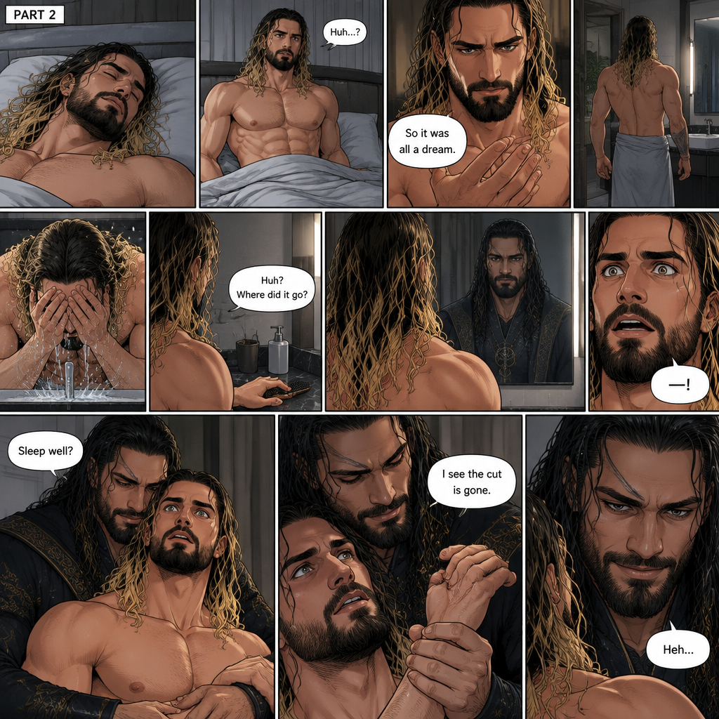 (Recap) Seth Rollins Was walking in the forest near his house,he discovered a statue of a sorcerer (Roman Reigns),he finds a hole on it,then he accidentally cuts his hand,A little bit of his blood dripped in the hole,then it broke apart…revealing the sorcerer himself,Seth was shocked,the sorcerer grabbed Seth’s wrist and pulled him closer,He looked at Seth’s eyes,then he used a spell to make Seth sleep,then he lifted Seth in his arms. (And now part 2). Seth was asleep on his bed,then he woke up. He sat up confused. He looked at his hand…the cut was gone. “So it was all a dream” Seth said to himself. He got up and walked to the bathroom,then he splashed cold water on his face. He reached for his hairbrush….it wasn’t there. “Huh? Where did it go?” Seth asked himself. He looks at the mirror….and sees the sorcerer. Seth gasped. The sorcerer grabs Seth from behind. “Sleep well?” Asked the sorcerer. Seth was too stunned to speak. The sorcerer lifted Seth’s hand to have a look at it. “I see the cut is gone” Said the sorcerer. Seth’s heart was pounding. The sorcerer chuckled a little