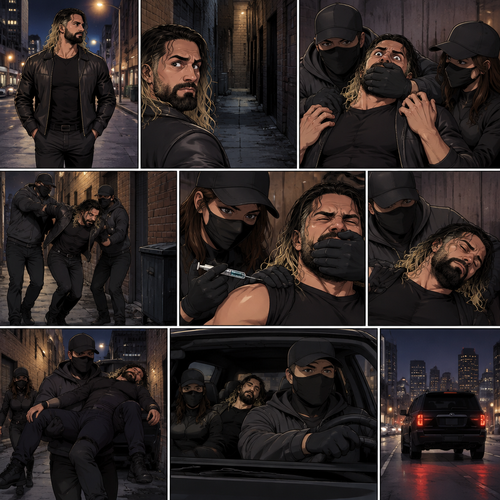 Seth Rollins was walking alone at night,Then…as he walked past an alley…A man and a woman in masks grabbed him.They dragged him to the alleyway,Seth struggled.The masked man covered Seth’s mouth before he could call for help.Seeing that Seth was still struggling The masked woman injected a sedative into his body,despite his best efforts to resist it Seth slowly drifted in unconsciousness.The masked man then carried Seth to his car with the masked Woman following behind,They got in and drove away