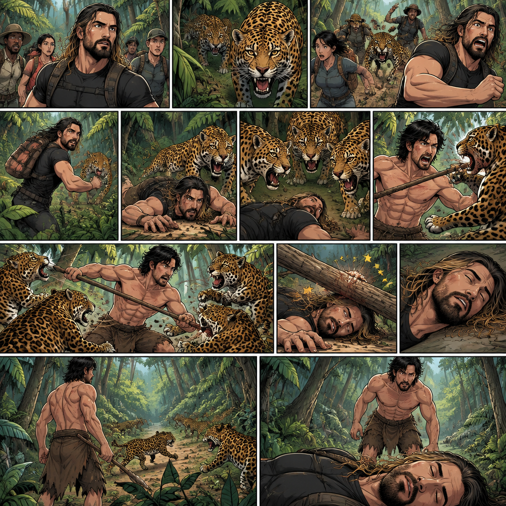Seth Rollins was exploring the jungle with a group,Then suddenly….a group of jaguars appeared. Everyone scattered. Some of the jaguars went after Seth,He kept running. It seemed like he was going to outrun the jaguars….but then he tripped and fell. The jaguars were about to pounce on him….then suddenly…a wild man (Markiplier) jumped in. He fended off the jaguars while Seth watched in stunned silence. While the fight was going on…a tree branch fell…and landed on Seth’s head,He got dizzy….then he passed out due to the dizziness. The wild man finally managed to completely fend off the jaguars. The wild man turned around and walked to Seth who’s still unconscious