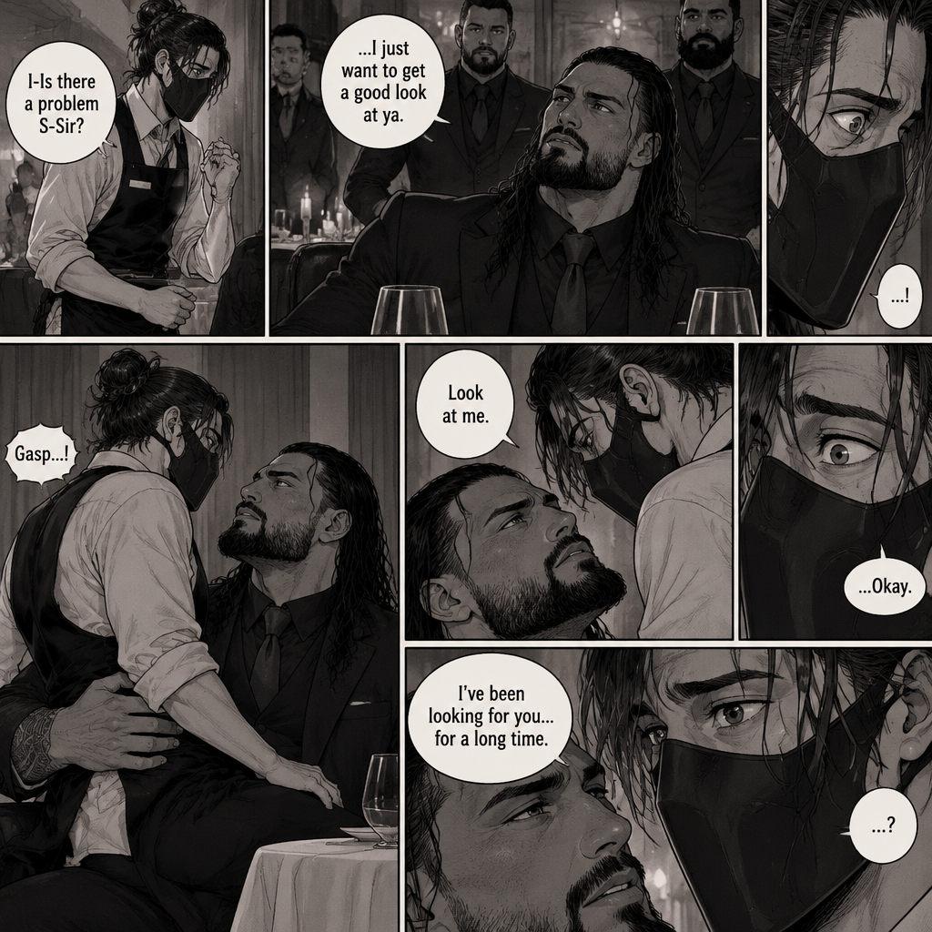 (Recap) Seth Rollins is a waiter at a restaurant,He’s wearing a mask that covers his face because all his life he’s been told he was ugly,He believed it,He’s also too afraid to look at mirrors,One night he was working as usual,then a group of men walked in amongst them was Roman Reigns (Feared mafia Boss) and took a seat,One of the waitresses told Seth that Roman asked to see him personally,Seth was nervous. (And now part 2). Seth nervously walked over to Roman’s table. “I-Is there a problem S-Sir?” Seth asked nervously. “…I just want to get a good look at ya” said Roman. Seth’s eyes Widened. Roman wrapped his arm around Seth’s waist and pulled him onto his lap. Seth gasped. “Look at me” Roman commanded. Seth looked at him. “I’ve been looking for you…for a long time” Said Roman. Seth was confused