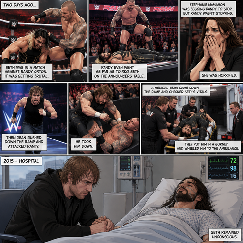 It’s the year 2015,We’re in a hospital. Seth Rollins was lying in a hospital bed unconscious. Dean Ambrose was sitting by his side and holding his hand. (What happened to Seth you ask? Well…let’s rewind to two days ago). Seth was in a match against Randy Orton. It was getting brutal. Randy was beating the heck out of Seth. Stephanie McMahon was begging Randy to stop…but Randy wasn’t stopping. He even went as far as to Rko Seth on the announcers table. Stephanie was horrified. Seth was out cold. Then Dean rushed down the ramp and attacked Randy. He took him down. A medical team came down the ramp and checked Seth’s vitals. They put him in a gurney and wheeled him to the ambulance