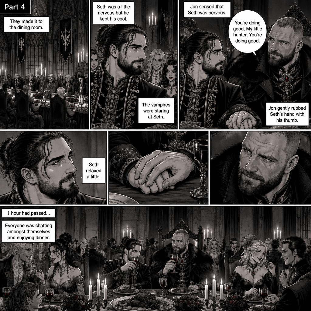 (Recap) Seth Rollins (The vampire hunter) was in a royal bedroom lost in thought,The maids knocked on the door and said “Greetings Hunter,Our King has asked us to help you get ready for the feast”,One of the maids brushed Seth’s hair and put it in a neat bun while the other maids get his fancy outfit ready,Seth puts the fancy outfit on,they left the room,Jon Moxley (the vampire king was waiting for them at the bottom of the stairs,Jon thought Seth looked perfect,He dismissed the maids,gently took Seth’s hand and walked to the dining room. (And now part 4). They made it to the dining room,there were other vampires there. Seth was a little nervous but he kept his cool. Jon and Seth took their seats,Jon’s seat was at the head of the table and Seth’s seat was right beside Jon’s. The vampires were staring at Seth,He’s a little nervous. Sensing that Seth was nervous Jon gently rubbed Seth’s hand with his thumb. “You’re doing good,My little hunter,You’re doing good” Jon whispered to Seth. Seth relaxed a little. 1 hour had passed,everyone was chatting amongst themselves and enjoying dinner