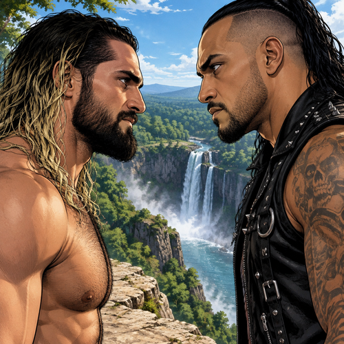 (Part 4). Still at the cliff near the forest clearing with the waterfall view. Seth Rollins and the mysterious man (Damien Priest) were staring into each other’s eyes