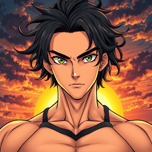 A handsome guy who is muscular,green eyes,black wavy hair,v shaped jaw,light skinned,kind of looks like eren yeager