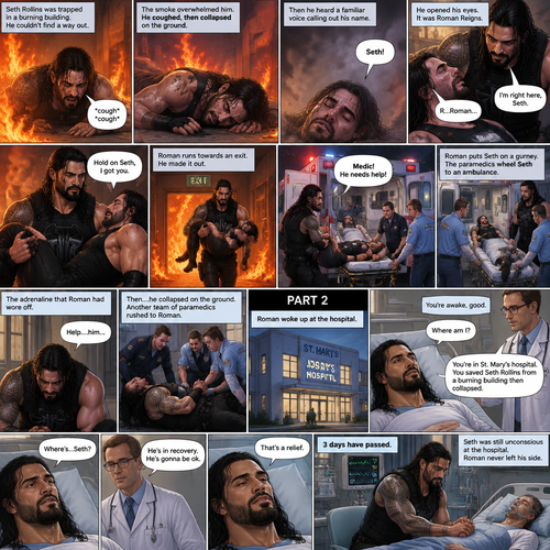 (Recap) Seth Rollins was trapped in a burning building,he couldn’t find a way out,he coughed because of the smoke,he collapsed on the ground,then he heard a familiar voice calling out his name,He opened his eyes,it was Roman Reigns,Seth weakly called out Roman’s name,Roman Rushed over to Seth,”I’m right here Seth” said Roman,he lifted Seth in his arms,”Hold on Seth,I got you” Roman said to Seth”,Roman runs towards an exit,he made it out,He runs to an ambulance with Seth in his arms,”Medic! He needs help!” Roman yelled,he puts Seth on a gurney,the paramedics wheel Seth to an ambulance,the adrenaline that Roman had wore off,”Help….him” said Roman,then….he collapsed on the ground,another team of paramedics rushed to Roman. (And now part 2). Roman woke up at the hospital. A doctor walked in. “You’re awake,good” said the doctor. “Where am I?” Roman asked. “You’re in st. Mary’s hospital,You Saved Seth Rollins from a burning building then collapsed” said the doctor. “Where’s…Seth?” Roman asked. “He’s in recovery,He’s gonna be ok” said the doctor. Roman was relieved. 3 days have passed,Seth was still unconscious at the hospital. Roman never left his side