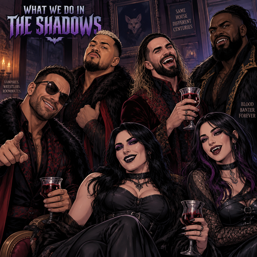 LA Knight,Solo Sikoa,Seth Rollins,Oba Femi,Rhea Ripley and Ari Stone (My wrestler oc) in What we do in the shadows