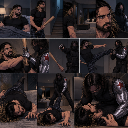 Seth Rollins was in his house about to go to bed…then he heard a noise downstairs. He grabbed a bat and went downstairs to investigate. He looked around,He sees nothing….at first…then he sensed a presence behind him. He swung the bat at the intruder…But the intruder grabbed it….with his metal arm. That’s right…it’s the winter soldier. He threw Seth’s bat away. Seth tried to ninja kick the winter soldier…but he grabbed his ankle and threw him on the ground. Then he grabbed Seth’s ankle again and pulled him closer. Seth struggled. The winter soldier got on top of him
