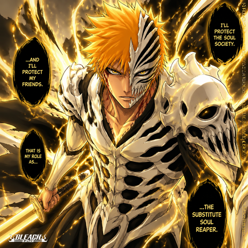  Ichigo in golden Reiatsu and skull-like armor