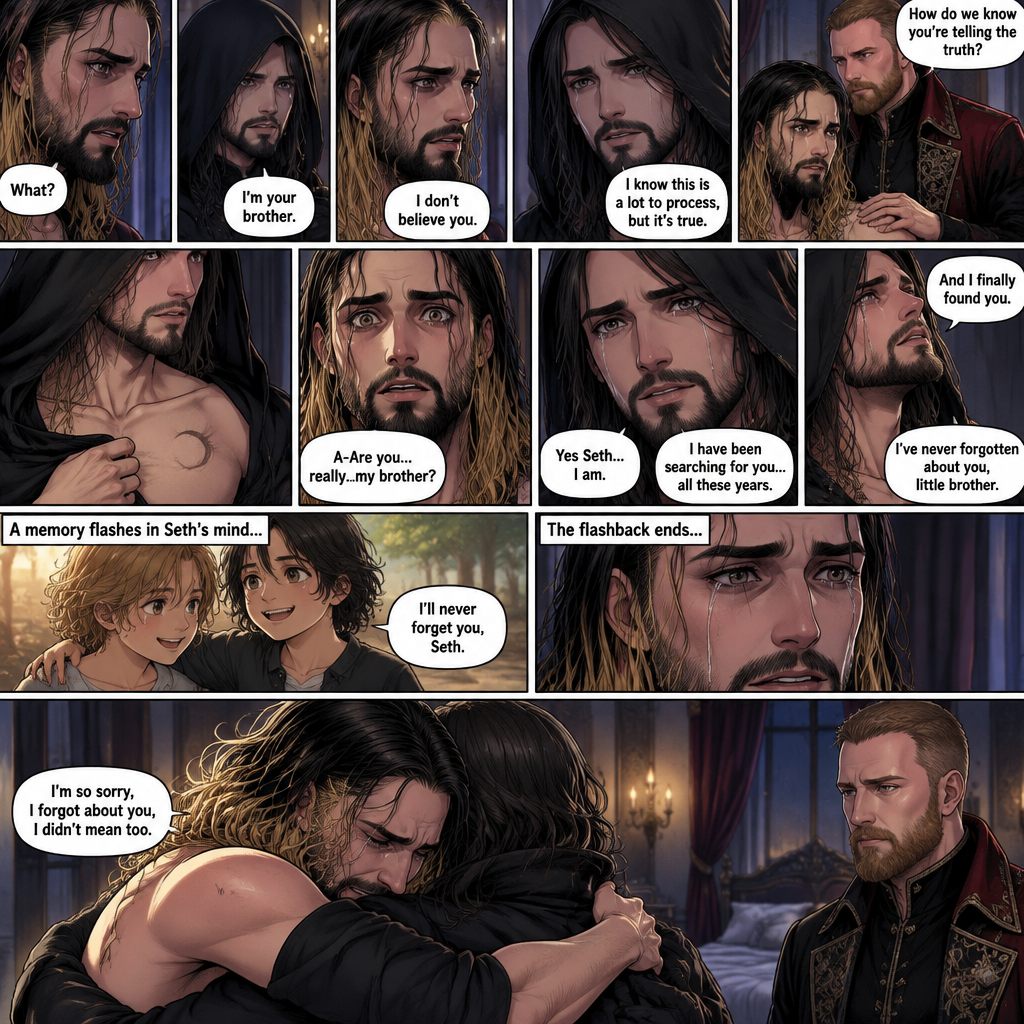 (Recap) Seth Rollins (The vampire hunter turned Bride of the vampire king) was looking at himself in the mirror reeling in the fact that he’s getting married to the vampire king next week,his heart knows that,Then he saw a mysterious figure (Aj Styles) who was standing right behind him in the reflection,Jon Moxley (The vampire king) was handling the wedding preparations,then he heard a loud crash and Seth yelling “LET ME GO!!!” In the bedroom,he used his vampire speed to rush to the bedroom,The mysterious figure tries to drag Seth out the window,Seth struggles,Jon arrives just in time and attacks the mysterious figure,after that he rushes to Seth to see if he’s ok,the mysterious figure slowly gets up,Jon is about to attack,Then the mysterious figure spoke “Wait!”,”Seth…please listen to me,Seth was confused by how the man knew his name,The mysterious figure takes off his hood and drops a bombshell “My name is Aj…I’m your brother Seth,Jon and Seth were shocked by what he said. (And now part 7). Seth was stunned. “What?” Seth asked. “I’m your brother” said Aj. Seth shook his head a little. “I don’t believe you” Said Seth. “I know this is a lot to process,but it’s true” said Aj. Jon gently pulled Seth to his side. “How do we know you’re telling the truth?” Jon asked cautiously. Aj shows his birthmark,It’s the shape of a crescent moon…just like Seth’s. Seth was stunned,All this time….he thought he was the only one with that birthmark. “A-Are you…really..my brother?” Seth asked. “Yes Seth…I am” said Aj. “I have been searching for you…all these years” Aj paused,Tears welling up in his eyes. “And I finally found you” Aj continued. Seth didn’t know what to say,Neither did Jon. “I’ve never forgotten about you,little brother” Said Aj. Something flashed in Seth’s mind…it was a memory….of himself and Aj when they were little. Aj (as a kid) had promised Seth he would never forget him. The flashback ends. Tears welled up in Seth’s eyes. Seth and Aj hugged each other. Jon just watched. “I’m so sorry,I forgot about you,I didn’t mean too” Seth said through his tears