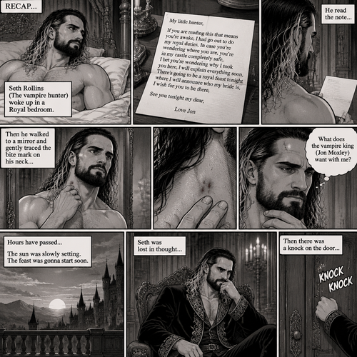 (Recap) Seth Rollins (The vampire hunter) woke up in a Royal bedroom,He finds a note on a nightstand that says “My little hunter,If you are reading this that means you’re awake,I had go out to do my royal duties,In case you’re wondering where you are,you’re in my castle completely safe,I bet you’re wondering why I took you here,I will explain everything soon,There’s going to be a royal feast tonight where I will announce who my bride is,I wish for you to be there,See you tonight my dear, Love Jon”,Then he walked to a mirror and gently traced the bite mark on his neck and wondered what the vampire king (Jon Moxley) wanted with him. (And now part 3). Hours have passed,the sun was slowly setting,The feast was gonna start soon. Seth was lost in thought,Then there was a knock on the door