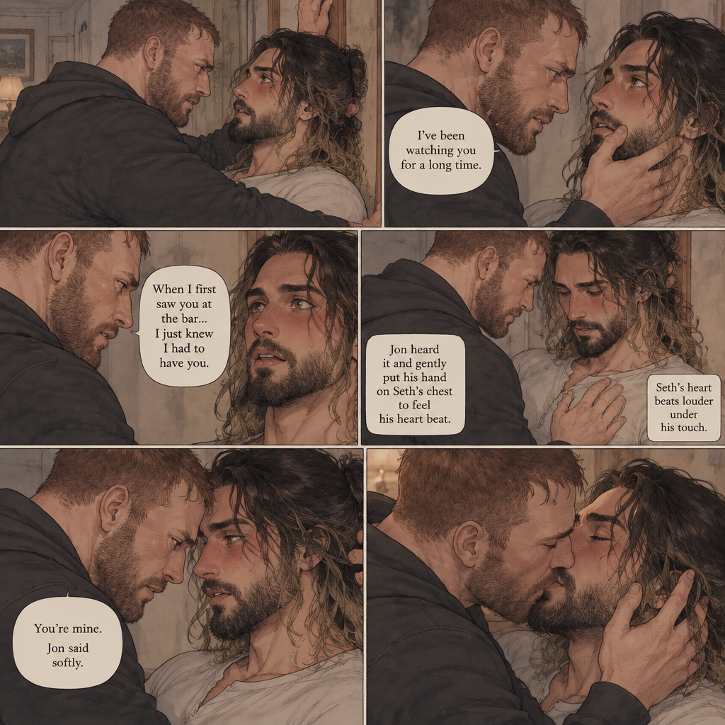 (Part 4). Still in Jon Moxley’s house. Jon had Seth Rollins pinned to the wall,Seth was blushing. Jon gently placed his hand on Seth’s jaw. “I’ve been watching you for a long time” Jon said. “When I first saw you at the bar…I just knew I had to have you” Jon continued. Seth’s heart fluttered. Jon heard it and gently put his hand on Seth’s chest to feel his heart beat. Seth’s heart beats louder under his touch. Seth is flustered. Jon slowly leans forward towards Seth. “You’re mine” Jon said Softly. Then Jon kissed Seth