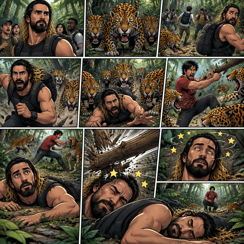 Seth Rollins was exploring the jungle with a group,Then suddenly….a group of jaguars appeared. Everyone scattered. Some of the jaguars went after Seth,He kept running. It seemed like he was going to outrun the jaguars….but then he tripped and fell. The jaguars were about to pounce on him….then suddenly…a wild man (Markiplier) jumped in. He fended off the jaguars while Seth watched in stunned silence. While the fight was going on…a tree branch fell…and landed on Seth’s head,He got dizzy….then he passed out due to the dizziness