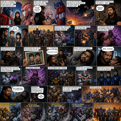 WWE Superstar Roman Reigns ends up on Cybertron as a child and ended up adopted by Optimus Prime and Elita-1.Years later Cybertron is falling apart,Elita-One stays behind while Roman,Optimus Prime and the other Autobots leave on the ark after an emotional goodbye.Then suddenly they get attacked by Megatron and the Decepticons.Then The Deceptions shoot the ark’s wing and Roman and Optimus and the other Autobots crash land on another planet.After A while Roman wake up and looks around and sees Optimus and the Autobots unconscious.Roman opens the Arks hatch and sees…That he’s on the one planet that he thought he would never return to…His home planet..Earth.Then Optimus wakes up.Roman explains to him that they’re on earth,Then bumblebee,Ratchet,Arcee,Jazz,Ironhide and wheel jack wakes up.Timeskip to 3 days later.They meet Three humans,Thier names are Jack,Miko and Raph.Timeskip to 2 years later.Roman and Optimus and the Autobots have been working along side Jack,Miko and Raph to protect earth from the Decepticons.Then Ratchet made a terrifying discovery…Megatron is using Dark energon.Then the base alarm went off.The Decepticons have found the Autobot base and were attacking them.Then a mysterious creature in a dark energon cyber suit attacks Roman.Roman manages to defeat him.The Decepticons realize they’re overwhelmed by the Autobots they retreat leaving the mysterious creature behind.Roman Carries the unconscious creature to Ratchet’s lab.As he puts him on the table an old picture falls out of his pocket.While ratchet Straps the unconscious mysterious creature to the table Roman looks at the photo.There’s two young boy on it,As Roman looked closely at the photo….He realizes that it’s him with a friend of his as kids, “No….It can’t be” said Roman. Optimus and Ratchet Noticed the look on his face, “Roman? What’s Wrong?” Asked Optimus. But Roman didn’t answer.He walked to the unconscious man,He takes off the Helmet…and sure enough…It was Seth Rollins (Roman and Seth are childhood friends in this story).Roman was shocked,Then tears stream down his face. “Seth..It is you” Roman said to him self.Optimus Gently hugged Roman from behind.Ratchet takes a sample of Seth’s blood to analyze it while Roman silently cries in Optimus’s arms and Arcee,Bumblebee,Wheeljack,Ironhide,Jack,Miko and Raph watch with sympathetic looks on their faces.20 Minutes later Ratchet returns with a grim look on his face.He has the results.Apparently Megatron has been injecting Dark energon into Seth’s body.Roman was Angry when he heard this.Then…Seth Suddenly wakes up and thrashing around and wanting to attack someone.His eyes and body were glowing with dark energon.Ratchet and Wheel Jack grabs him the straps him down on the table.It’s pretty clear…The Autobots must strike! They prepare for battle,Ratchet Volunteers to stay behind and find an antidote for the dark energon,Roman makes a cyber battle suit for himself,Jack,Miko and Raph…Filled with blue energon! Roman looks at Seth silently. “Don’t worry Seth…I’ll be back soon” Roman said to himself.They leave for the Decepticon base. Meanwhile Megatron was lecturing Starscream about his latest failure…Then the base alarm went off, Roman and Optimus and the Autobots and the humans were here.Then the battle ensued,Bumblebee and wheel jack took on sound wave,Arcee and Jack took on black arachnid,Miko and Raph took on Starcream and Optimus and Roman Took on Megatron.Eventually the Autobots and the humans were victorious