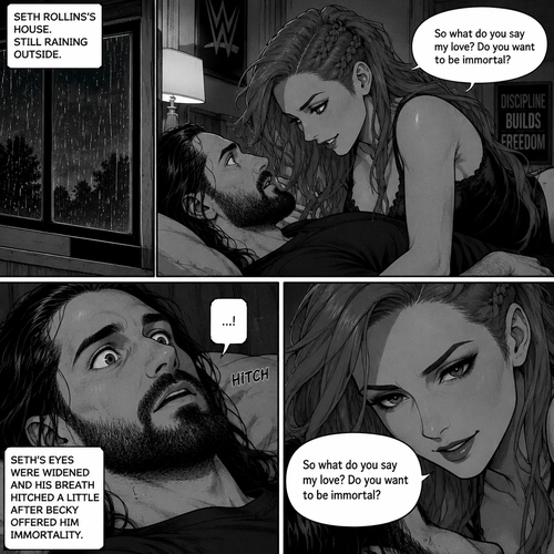 Part 4.Still in Seth Rollins’s house,Still raining outside.Seth Rollins and Becky lynch are in Seth’s room,Becky is on top of him,Seth’s eyes were widened and his breath hitched a little after Becky offered him immortality. “So what do you say my love? Do you want to be immortal?” Asked Becky