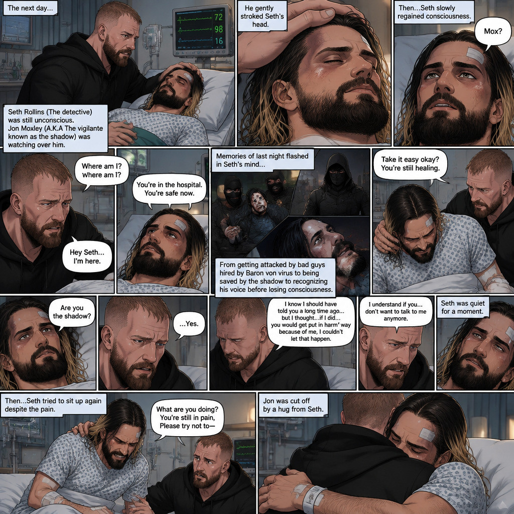 (Part 2 of the Vigilante x detective story). The next day,Seth Rollins (The detective) was still unconscious. Jon Moxley (A.K.A The vigilante known as the shadow) was watching over him. He gently stroked Seth’s head. Then…Seth slowly regained consciousness. He spoke weakly “Mox?”. “Hey Seth…I’m here” Jon said Softly. Seth was silent for a bit before he spoke weakly “Where am I?”. “You’re in the hospital,You’re safe now” Jon said softly. Memories of last night flashed in Seth’s mind,From getting attacked by Bad guys hired By Baron von virus to being saved by the shadow to recognizing his voice before losing consciousness. Seth tried to sit up but couldn’t because of the pain. “Take it easy okay?,You’re still healing” Jon said softly. Seth was quiet for a moment. Jon could tell something was on Seth’s mind. Then…Seth asked Jon the one question that he thought in his mind “Are you the shadow?”. Jon knew this day would come. He didn’t deny it. “…Yes” Jon said softly. Seth was quiet for a moment again. Jon gently took Seth’s hand as he spoke “I know I should have told you a long time ago…but I thought…if I did…you would get put in harm’s way because of me,I couldn’t let that happen”. Seth processed what Jon said. “I understand if you…don’t want to talk to me anymore” said Jon. It was silent for a while…Then Seth tried to sit up again despite the pain. Jon was confused. “What are you doing?,you’re still in pain,Please try not to-“ Jon was cut off By a Hug from Seth