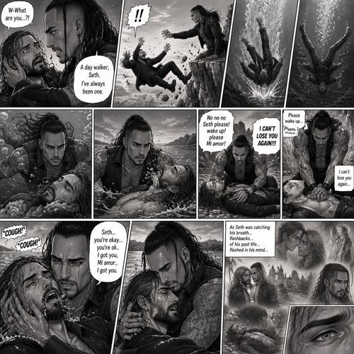 Part 6.Seth Rollins got scared after discovering that the mysterious man (WWE superstar Damien Priest) is a day walker vampire. Seth shoved the man off him…which caused Seth to Stumble and fall off the cliff backwards,Then he hit the water and lost consciousness after. The man was horrified and dived into the water to save Seth,He managed to reach him. He then swam up to the shore with Seth in his arms,He gently put Seth down on the shore. The man panicked,He thought he was gonna lose Seth..again. “No no no Seth please! wake up!please Mi amor! I CAN’T LOSE YOU AGAIN!!!” Said the man. The man then started CPR on Seth hoping he could save him. He kept trying and trying…then…Seth Spat out water and coughed. The man was very relieved,He gently pulled Seth in his embrace while Seth was catching his breath. “You’re okay,You’re ok..I got you,Mi amor..I got you” The man Said softly. As Seth was catching his breath…Flashbacks…of his past life…flashed in his mind