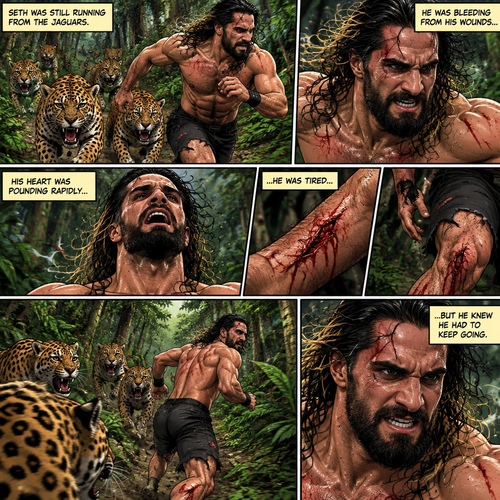 (Recap) Seth Rollins was on a cruise,then one night Thunder came,Seth got up from bed,The ship was rocking against the waves,Seth fell overboard,He swam as best he could,A wave crashed down on him,Everything went black,A few hours later,Seth woke up on shore,He was on an island,8 days have passed,He was still on the island,He walked to the jungle for more food,Then a group of jaguars attacked him,They bit him in the arm and leg,He managed to yank them off him and ran. (And now part 3). Seth was still running from the jaguars. He was bleeding from his wounds and his heart was pounding rapidly,He was tired but he knew he had to keep going