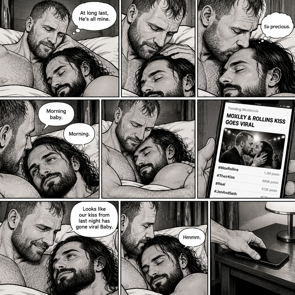 (Part 3). Still in Jon Moxley’s hotel room. Jon Moxley and Seth Rollins were asleep after last night’s activity. Jon slowly woke up,he looked down at Seth who was still asleep. Jon smiled,then he gently stroked Seth’s head. “At long last,He’s all mine” Jon thought to himself. He gently kissed Seth’s forehead. Seth hummed softly in his sleep. “So precious” Jon thought to himself. Seth slowly woke up. “Morning baby” Jon said softly. “Morning” Seth said softly. Jon gently pulled Seth closer to him. Jon picked up his phone. That kiss with Seth from last night went viral. Jon looked at Seth and smiled. “Looks like our kiss from last night has gone viral Baby” Jon said Softly. Seth hummed softly. Jon puts his phone back on the nightstand