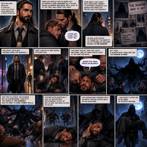 Seth Rollins is a detective. He and Jon Moxley had been friends for years. When Jon was 18 years old His parents were murdered by a villain known as Baron Von Virus. Seth (who was also 18 at the time) comforted him that night. Ever since then Seth dedicated himself to stopping criminals like Baron Von virus and protecting the innocent. He was also trying to figure out the identity of a mysterious Vigilante known as the shadow. One night he walking down the sidewalk,Then a group of bad people attacked him. He tried to fight back but they overpowered him. They beat him up,Then they hold him down. One of them points a gun at his head and says “Baron von virus sends his regards”. He was about to pull the trigger…but then a shadow myst engulfed him. The shadow is here. They let Seth go and try to attack the shadow but he overpowered them with the power of the shadows and his hand to hand combat skills. Seth wanted to get up but he was too much in pain to do so. The bad guys eventually give up and retreat. The shadow ran towards Seth. He gently rested Seth’s head on his shoulder and gently lifted him in his arms. He started walking