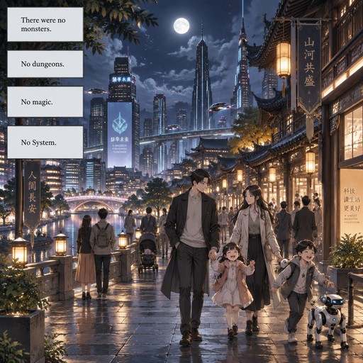 Premium full-color fantasy manhua panel of a peaceful futuristic city street at night inspired by modern Chinese city planning and traditional Chinese architectural details. Families walking, children smiling, advanced but believable technology integrated into everyday life, subdued blue-gray tones, soft cinematic lighting, realistic anime proportions, detailed clothing and buildings, professional mangafire quality. Leave four narration boxes along the upper-left for the text: "There were no monsters." "No dungeons." "No magic." "No System." No dialogue bubbles.