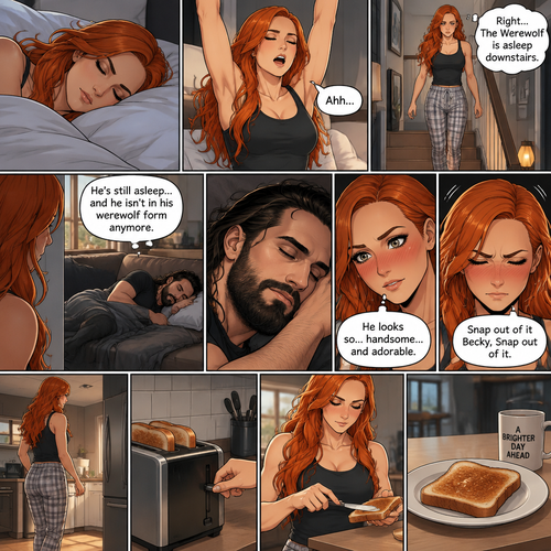(Part 3 of the werewolf x human story) The next morning,Becky Lynch was asleep in her bed. Then she woke up. She got up and stretched her arms. She walked downstairs…then she remembered that the Werewolf (Seth Rollins) was asleep downstairs. She checked in on him. He was still asleep…and he wasn’t in his werewolf form anymore. She couldn’t help but look at him…and blush. “He looks so…handsome…and adorable” Becky said to herself. Then she shook her head. “Snap out of it Becky,Snap out of it” Becky said to herself. She quietly walked to the kitchen and made herself some toast