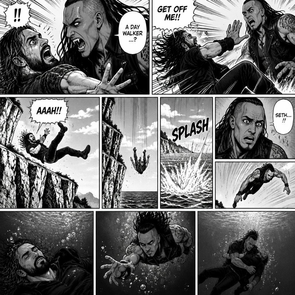 Part 6.Seth Rollins got scared after discovering that the mysterious man (WWE superstar Damien Priest) is a day walker vampire. Seth shoved the man off him…which caused Seth to Stumble and fall off the cliff backwards,Then he hit the water and lost consciousness after. The man was horrified and dived into the water to save Seth