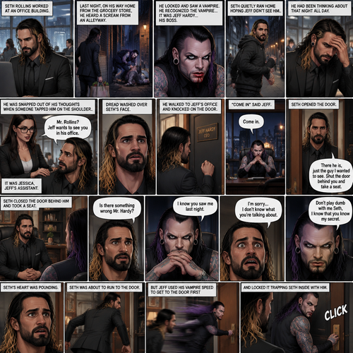 Seth Rollins was working at an office building,last night,on his way home from the grocery store he heard a scream from an alleyway,He looked and saw a Vampire,He recognized the vampire…it was Jeff Hardy…his boss,Seth quietly ran home hoping Jeff didn’t see him,He had been thinking about that night all day,He was snapped out of his thoughts when someone tapped him on the shoulder,It was Jessica Jeff’s assistant,she told him that Jeff wanted to see him in his office,Dread washed over Seth’s face,He walked to Jeff’s office and knocked on the door’”Come in” said Jeff,Seth opened the door,”There he is,just the guy I wanted to see,shut the door behind you and take a seat” said Jeff,Seth closed behind him and took a seat. (And now part 2). “Is there something wrong Mr.Hardy?” Seth asked nervously. Jeff looked at Seth with a serious expression. “I know you saw me last night” said Jeff. Seth had a fearful expression on his face but tried to keep it cool. “I’m sorry…I don’t know what you’re talking about” said Seth. “Don’t play dumb with me Seth,I know that you know my secret” said Jeff. Seth’s heart was pounding. Seth was about to run to the door,But Jeff used his vampire speed to get to the door first and locked it trapping Seth inside with him