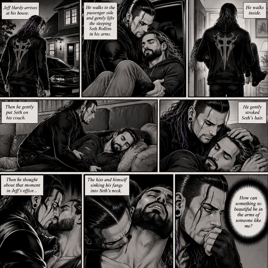 (Part 5 of the Vampire x human story) Jeff Hardy arrives at his house. He walks to the passenger side and gently lifts the sleeping Seth Rollins in his arms. He walks inside,Then he gently put Seth on his couch. He gently stroked Seth’s hair. Then he thought about that moment in Jeff’s office,The kiss and himself sinking his fangs into Seth’s neck. “How can something so beautiful be in the arms of someone like me?” Jeff asked himself