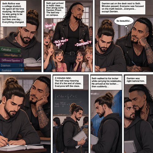 Seth Rollins was a college student,He spent all his time studying. He thought he was going to be alone forever…but then one day….Everything changed. He just arrived In math class,He sat at his usual desk…then along came Damien Priest,The bad boy on campus. The girls were gushing and giggling all over him. Seth was just trying to focus on studying and taking notes. Damien sat on the desk next to Seth. Minutes passed,Everyone was focused on the math lesson…everyone…except Damien. He was focused on only one thing…Seth. He was looking at Seth like he was the most beautiful angel he’s ever seen. “So beautiful” Damien said in his mind. 3 minutes later,The bell rang meaning that it’s the end of class,Everyone left the class. Seth walked to his locker while carrying his notebooks,He arrived at his locker….then suddenly Damien was right behind him