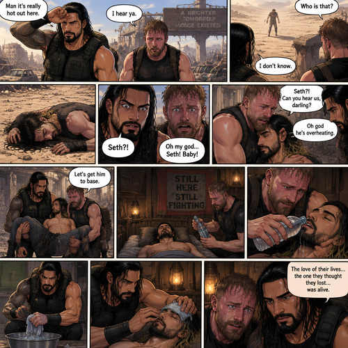 It’s a post apocalyptic world,Roman Reigns and Jon Moxley were side by side surviving the apocalypse together.They fought Bandits and raiders and scavenged for supplies.One day it was really hot outside. “Man it’s really hot out here” Said Roman. “I hear ya” Said Jon.They were about to head back to their base…then they see a person in the distance,He looked like he was overheating. “Who is that?” Asked Jon “I don’t know” said Roman.The person must’ve saw them because he began to walk towards them,but before he got closer to them he passed out due to overheating.Roman and Jon looked at each other,and then walked towards the unconscious man.when they got closer…they recognized him,They shocked…they ran towards him….It was Seth Rollins.Jon had tears in his eyes. “Oh my god,Seth! Baby!” Said Jon as he pulled Seth in his embrace. “Seth?! Can you hear us,darling?” Said Roman.Seth’s breathing was a bit shallow. “Oh god he’s overheating” Said Jon. “Let’s get him to base” said Roman.They carried him to their base.They put him on the bed,Roman went to go find a cloth while Jon went to go get a bottle of water.Jon quickly came back with a bottle of water,He gently sat Seth’s unconscious body up and poured the water into Seth’s mouth.Seth subconsciously swallowed the water,Jon was relieved,He Put the water bottle down and gently laid Seth back down on the bed afterwards.Roman found a cloth,Dunked it in cold water and gently put it on Seth’s forehead.They couldn’t believe it…The love of their lives…the one they thought they lost…was alive