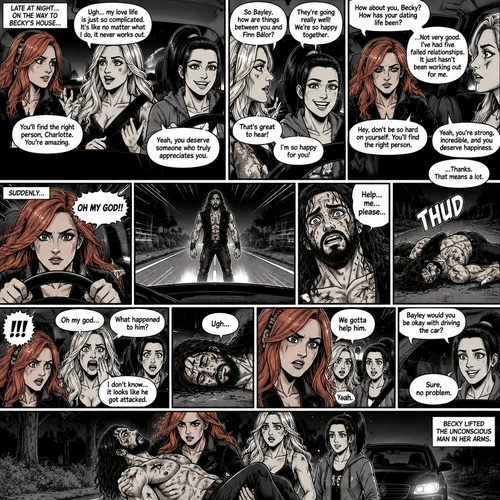 It was late at night,Becky Lynch Was in a car with Charlotte Flair and Bayley. They were driving to Becky’s house. Charlotte was talking about her complicated love life. Becky and Bayley were giving her words of comfort and support. Charlotte then asked Bayley how things were between her and Finn Bálor (They’re dating in this story). Bayley said things were going very well between the two of them. Becky and Charlotte were both happy to hear that. Bayley then looked at Becky and asked How HER dating life had been. Becky got a sad look on her face as she admitted that her dating life wasn’t doing very good,She had Five failed relationships. Charlotte and Bayley gave Becky words of comfort. Becky felt a little better. Then Becky looked at the road and suddenly yelled “OH MY GOD!!” And slammed on the breaks. There was a man (Seth Rollins) standing in front of the car,He was covered in bad scratches. He had a frightened expression on his face,He looked like he got attacked by a wild animal. Becky,Charlotte and Bayley were horrified. Then…the man spoke “Help…me….please”, then he collapsed on the road and passed out. The girls got out of the car and rushed over to the man. “Oh my god” Said charlotte. “What happened to him?” Bayley asked. “I don’t know…it looks like he got attacked” Said Becky. The man groaned in pain subconsciously. “We gotta help him” Said Becky. Bayley and Charlotte nodded in agreement. “Bayley would you be okay with driving the car?” Asked Becky. “Sure,no problem” said Bayley. Becky lifted the unconscious man in her arms