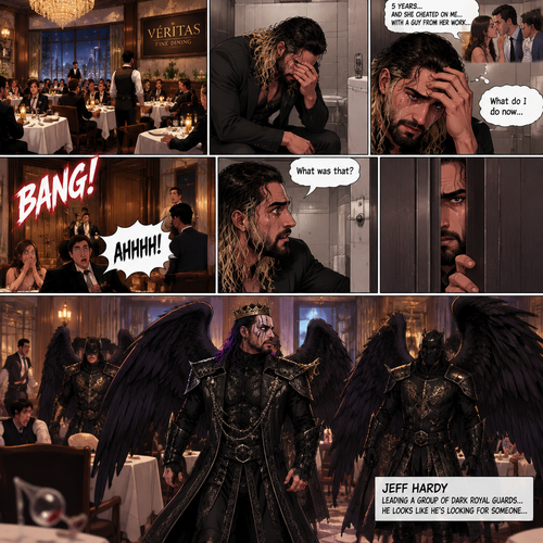 There’s a fancy restaurant,Someone was crying in the men’s bathroom,That someone…was Seth Rollins. He just found out his girlfriend of 5 years cheated on him with a guy from her work. He’s lost in thought about what to do,He was snapped out of his thoughts…when….he heard a loud bang followed by screams of terror outside the bathroom. “What’s was that?” Seth asked himself. He cracked the door open a bit to see what’s going on,There’s men dressed in some sort of black royal guard uniforms With dark angel wings bursting into the restaurant…wait…Dark angel wings?! A man in a black royal outfit with a crown on his head and dark angel wings (Jeff Hardy) was leading them,he looks like he’s…looking for someone