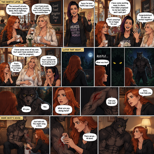 (Part 2 of the Werewolf X human story). It’s been two months since the night Becky Lynch and Her friends Charlotte Flair and Bayley saved the Man (Seth Rollins). They haven’t seen him since. Becky and charlotte were having brunch at a cafe,They were talking about the recent werewolf attacks. Then Bayley showed up late….with a happy grin on her face. She apologized for being late and sat at the table. Then she said she’s has some exciting news to share with the two of them….Finn Bálor proposed to her last night…and she said yes. Becky and Charlotte were happy and excited for Bayley. Then Charlotte said she’s has some news of her own. She and her husband (Kurt Wagner a.k.a nightcrawler) have worked it out…and She’s pregnant. Becky and Bayley were happy and excited for Charlotte. Later that night,Becky was in her backyard looking at the moon…then…She heard a noise from the forest near her house. She looked closely. A pair of Yellow eyes were looking at her. A werewolf slowly walked out of the forest and walked towards her. Her heart was pounding. The werewolf stood in front of her. She….recognized those eyes….it was the man Becky and the girls saved two months ago. “It’s you” said Becky. He nodded. “What are you doing here?” Becky asked. He shows her the wound on his arm…then he spoke “Can you help me?”. Becky looked at the wound. “Sure…I can help you” Said Becky. They went inside Becky’s house. Becky went to get the first aid kit and the werewolf sat down on the couch. She came back and gently treated the werewolf’s wound. After a while,she was finished. 